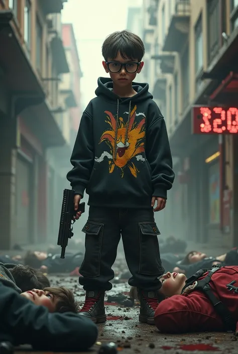 A aggressive boy wearing glasses And rap style dress Holding Gun stand on bodies 