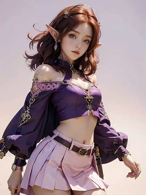 Beautiful elf woman, 3, Short Red Hair, Sparkling brown eyes, in , in a purple and pink blaser, skirt, White background, Intricate details,