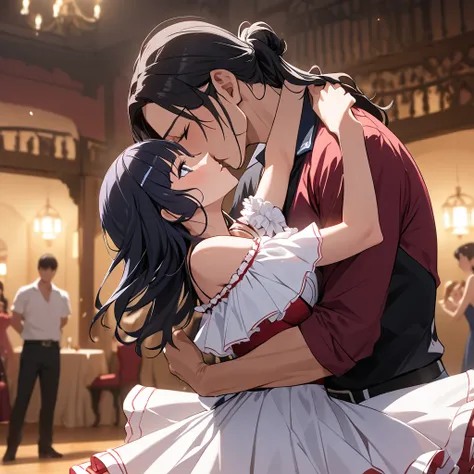 ((Highest quality)), ((masterpiece)), (detailed), （Perfect Face）、The woman is Aoki Reika, Spanish, with semi-long hair.、Woman in flamenco dress dancing passionately flamenco in Spain kissing man