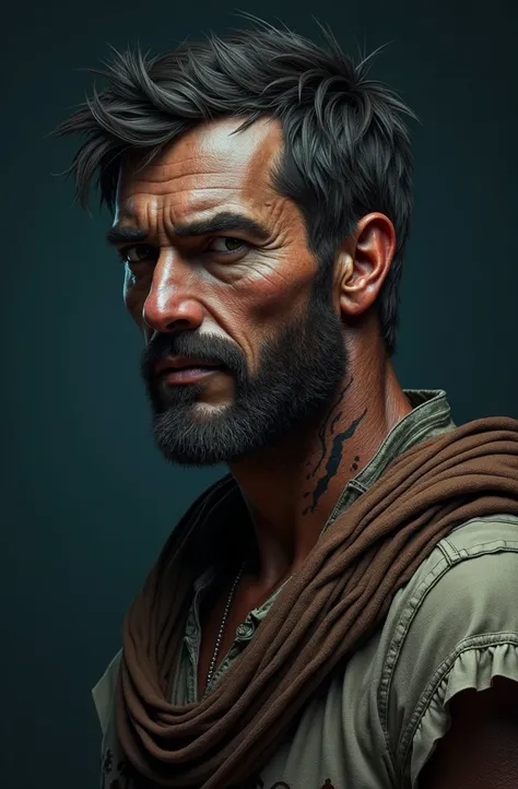 A brown man with a scar on his neck, with somewhat rustic clothes . Realistic style with fantasy. On a blue-black background 