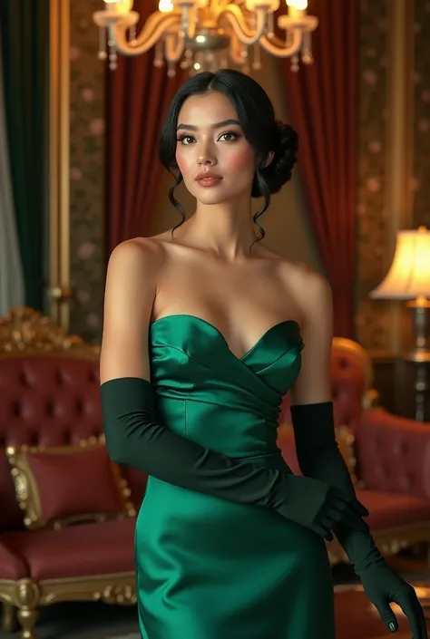 A highly detailed, ultra-realistic portrait of a woman of Asian descent from Turkey in a vintage glamour photoshoot. She is wearing a stunning, emerald green satin gown with a sweetheart neckline and elbow-length gloves. The setting is an opulent room with...