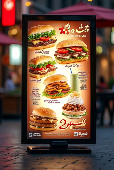 An advertisement for a sandwich shop specializing in drinks and ice cream, embodied in a luminous sign on a street crossing with 2.50cm high and 1 meter wide with images of gourmet sandwiches, no burgers, and drinks and snow with prices and that it is stri...