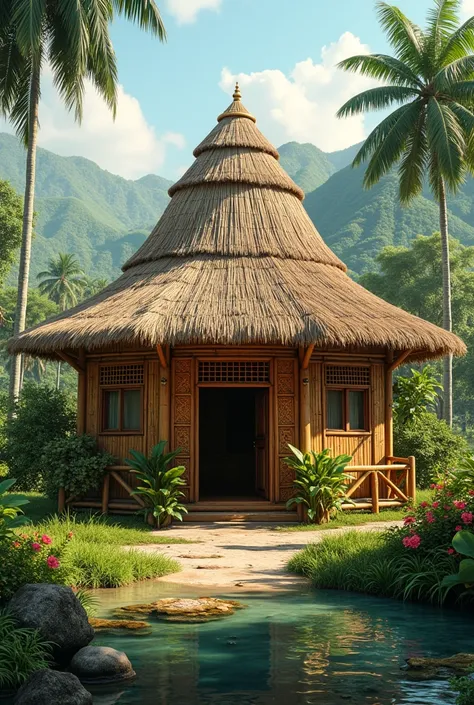 create a unique filipino hut made of bamboo and nara leaves in rural setting. 