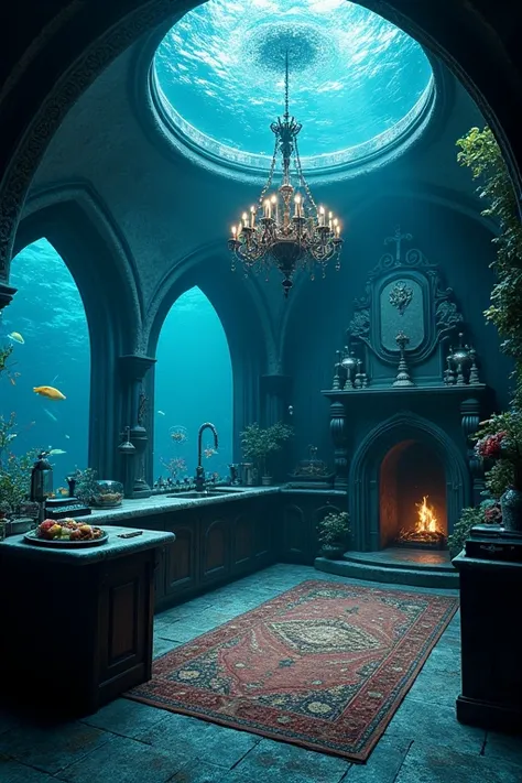 Under the sea Gothic architecture Chandelier Mantelpiece Fireplace Table Rug Black and blue atmosphere Fish Bubbles、House in the sea、The windows are big and the fish are swimming、kitchen、Cooking space、sink、Sink、Stove、kitchenware、Aquarium-like room、Outside ...