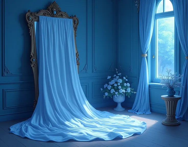 A mirror with a cloth over it, leaning against the wall with a blue anime-style setting