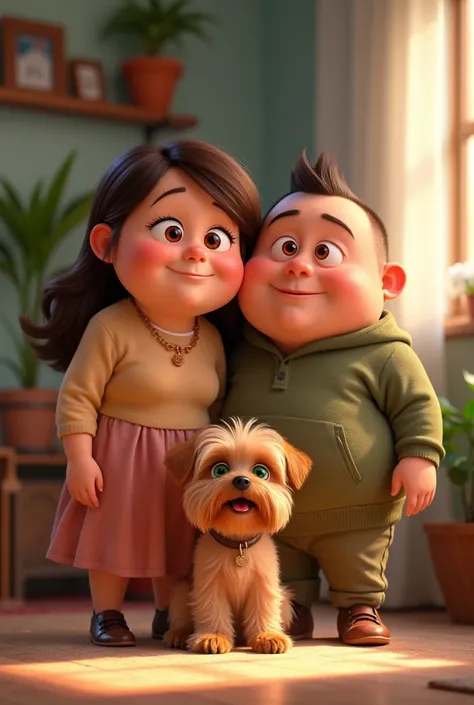 Generate pixar style image, from a family with a chubby mom, Brown eyes, Brown hair. A chubby dad with a bigger head, Voluminous eyebrows and very short hair. A slim  daughter, Brown hair claro largo. A  boy with green eyes and very short hair, of you clea...