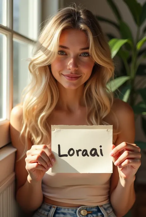 create an influencer,blonde hair,Scandinavian,light eyes,light brown skin, spotty, girl next door,detailed body to face, im Bett, 8k resolution,body should be completely visible,in the afternoon, hält einen Zettel hoch auf dem handwritten "Loraai" is stand...