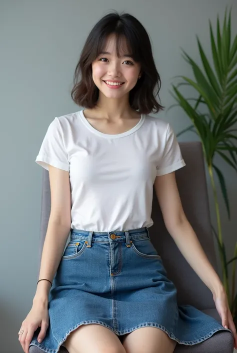 (masterpiece:1.2,8k, raw photo, ultra quality), absurdres, (photo realistic:2), high detail raw color photo,skiny skin, professional photograph,((best quality))、Beautiful Japanese office lady、Denim mini skirt、A tight, see-through white T-shirt、Panty peekin...