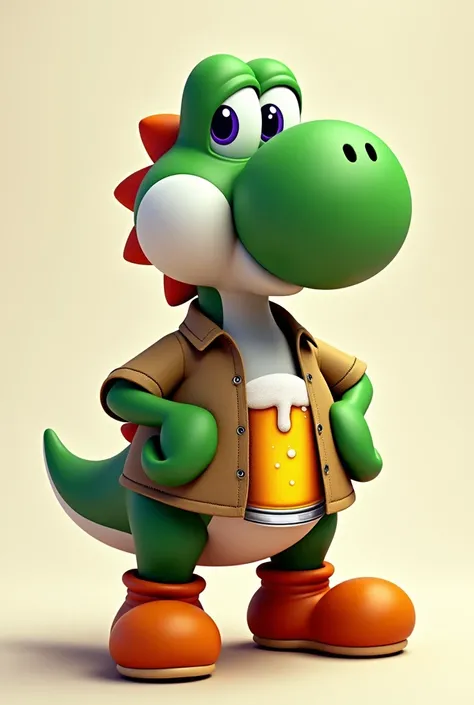 Yoshi wears a dartshirt and there is a big Beer on the shirt