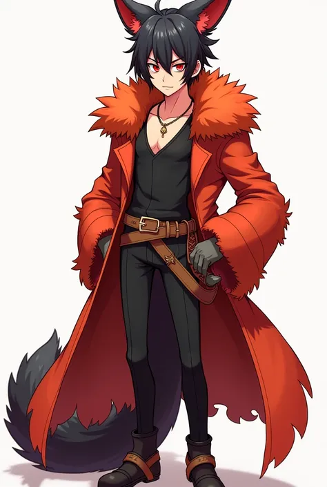 Create an image of a rogue man (inspired by Ban, from Seven deadly sins) that is half human, half fox, whose garments must be reddish/orange (like the color of a fox), with red brown eyes, straight black hair, tall and slim. The character must be a male ch...