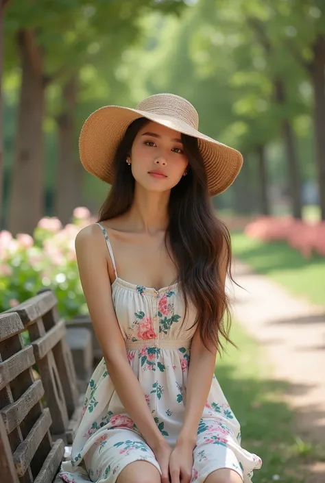 A highly detailed, ultra-realistic portrait of a woman of Asian descent from Turkey in a casual outdoor photoshoot. She is wearing a light, floral summer dress and a wide-brimmed hat, sitting on a rustic wooden bench in a sunlit park. The background featur...