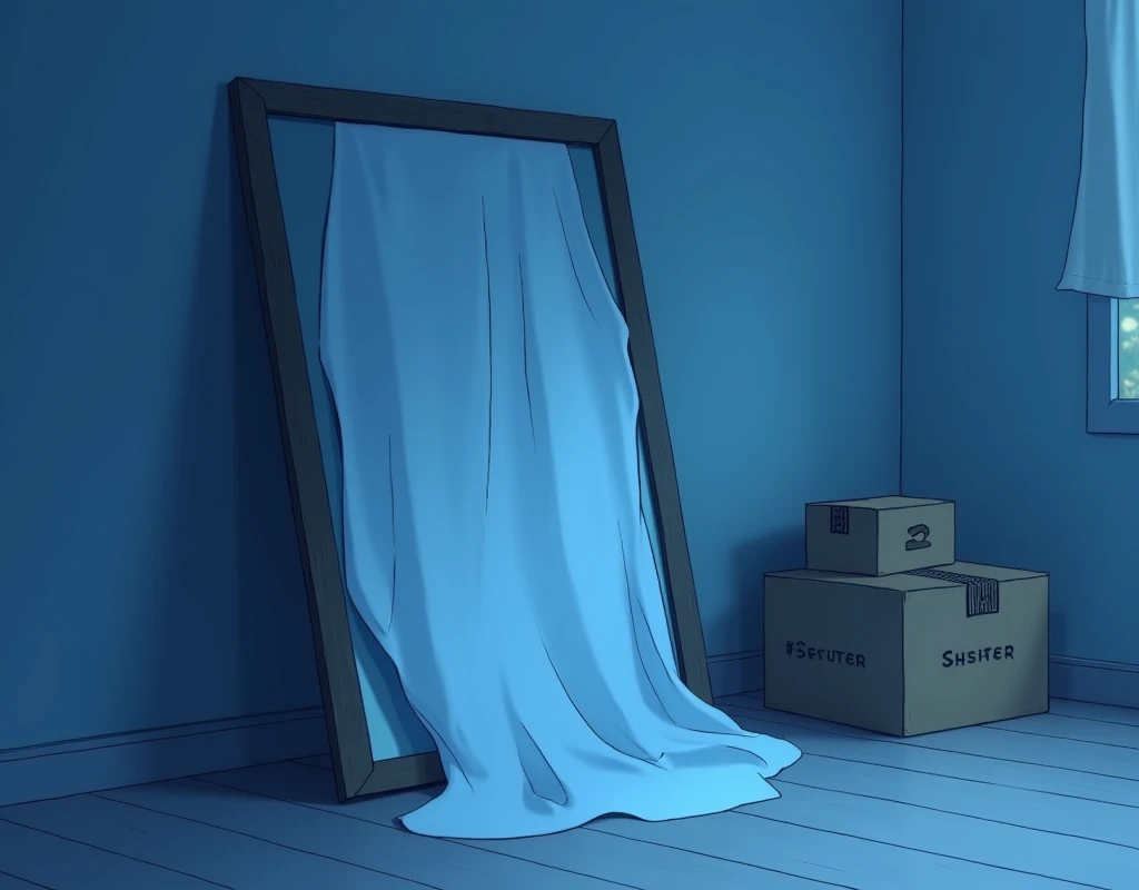 A mirror with a cloth over it, leaning against the wall with a blue setting with some cardboard boxes nearby in anime style