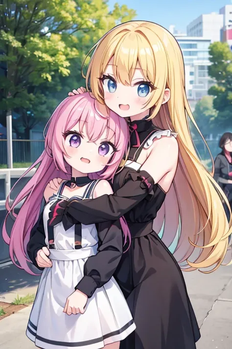 score_9, score_8_superior, score_7_superior, sauce_anime, Two Girls, lily, Happy, Outdoor, Hug from behind