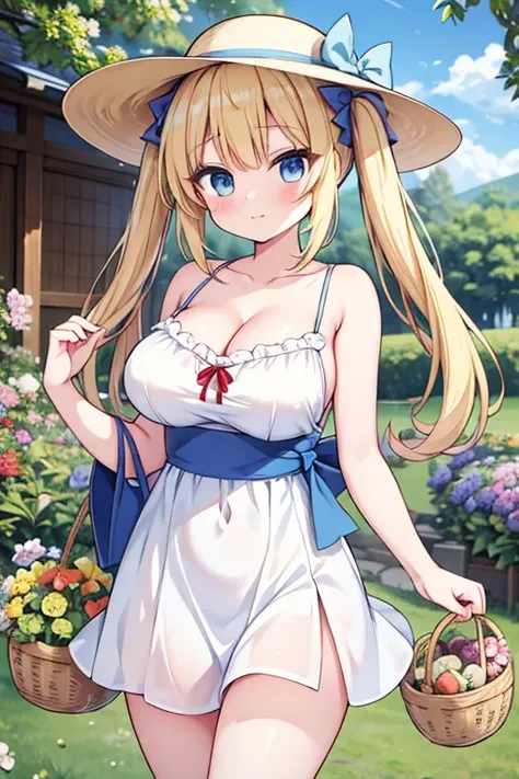 Highest quality,masterpiece,8k,Anime Style,Blonde with blue eyes、japan farm,large basket full of vegetables,camisole、hold with both hands,race,White camisole dress mini skirt,Cleavage,,Large Breasts、Twin tails、Cute eyes,sun hat(sun hat),Smooth thighs,Accen...