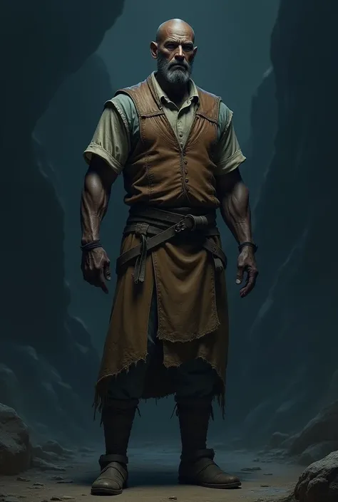 An 1 dark-skinned man with a scar on his neck, wearing somewhat rustic clothes. Realistic fantasy style. On a dark blue background 