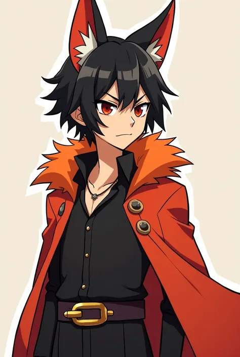 Create an image of a rogue man (inspired by Ban, from Seven deadly sins) that is half human, half fox, whose garments must be reddish/orange (like the color of a fox), with red brown eyes, straight black hair, tall and slim. The character must be a male ch...