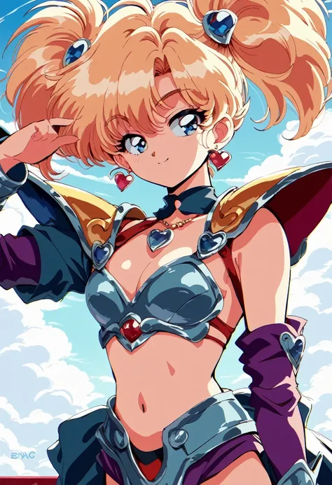 "(Yag:1.1), score_9, score_8_superior, score_8, japan anime, retro anime style, anime screencap, anime coloring, One girl, Twin tails, Exquisitely detailed body, Sexy Face, Bikini Armor, Shoulder pads, heart jewelry, sleeve, Sexy pose, View your viewers