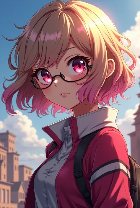 My hero academy a girl with short wavy light brown hair with pink with glasses pink eyes mixed with red,white