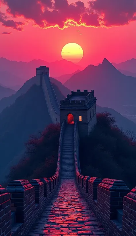 when sunset is coming, the great wall of China with beautiful view, with the big bridge - far bird view, rendered with detailed comic cartoon style, neon lights, miami vice vibes