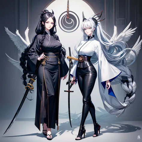 tall woman, Black blue kimono suit with a high collar that has an eye and swirl symbol, loose pants , blue eyes, White hair, long white eyelashes, turtle neck(( 12cm heels)) tall black, Curvy body, dark round cravings, Long hair, with braids, ((naginata we...