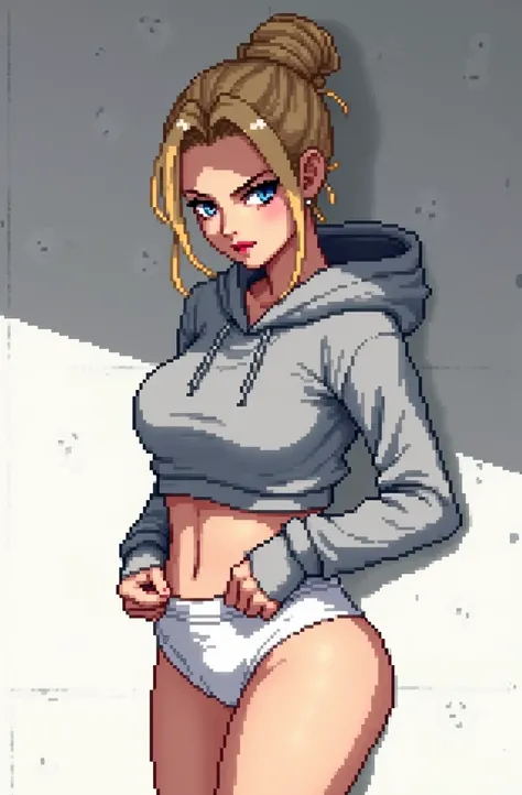 (masterpiece, best quality)), ((((perfect anatomy)))), Caucasian woman with tied blonde hair-bun, dark eye-shadow, downward curved nose, vibrant blue eyes, grey hoodie, tugging at (((white high cut cotton panties))), big hips, angry expression, walking aro...