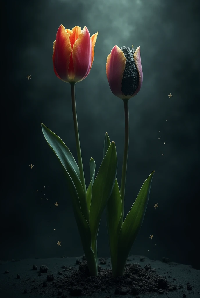 Two tulips, One is alive but its petals have fallen off，The other one is very withered. , More withered, It even looks a bit black and withered.,In a dark environment，Solar eclipse provides faint light , Add little stars everywhere, There are subtleties