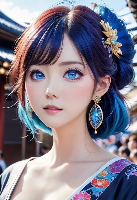 masterpiece, ultra detailed, female, japanese, 30-year-old, beauty mark, earrings, glamorous, tall, fair skin, big eyes, blue eyes, multicolored hair, hime cut, in the Japanese festival, mystical atmosphere