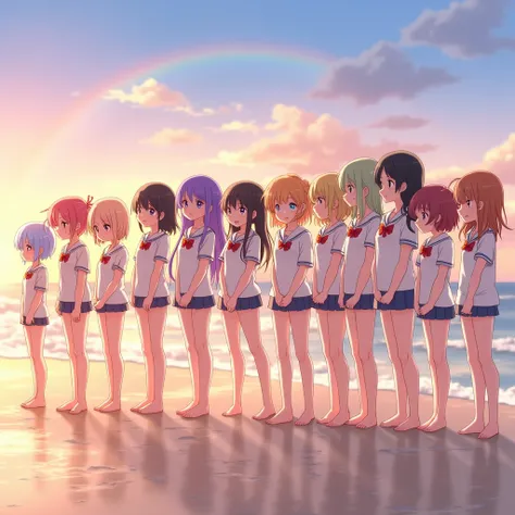 ((ExtremelyDetailed (12 PUNIPUNI KAWAII Girls in a row:1.37) in WHITE at Dusk Enoshima Beach)), (masterpiece 8K TopQuality) (ProfessionalPhoto:1.37), {(Standing Full Body:1.2)|(from below:1.2)}, Different types of hair colors, {School Uniform [with Thongs]...