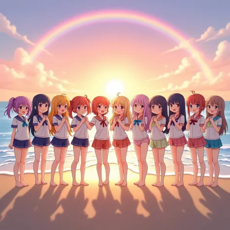 ((ExtremelyDetailed (12 PUNIPUNI KAWAII Girls in a row:1.37) in WHITE at Dusk Enoshima Beach)), (masterpiece 8K TopQuality) (ProfessionalPhoto:1.37), {(Standing Full Body:1.2)|(from below:1.2)}, Different types of hair colors, {School Uniform [with Thongs]...