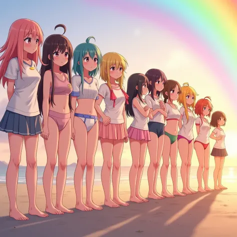 ((ExtremelyDetailed (12 PUNIPUNI KAWAII Girls in a row:1.37) in WHITE at Dusk Enoshima Beach)), (masterpiece 8K TopQuality) (ProfessionalPhoto:1.37), {(Standing Full Body:1.2)|(from below:1.2)}, Different types of hair colors, {School Uniform [with Thongs]...