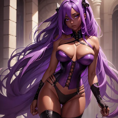 Solo, Solo Woman,(Woman1),Beautiful,(Long Purple Hair & Purple Eyes),(Young),(Dark Skin Color:1.5),(Hyper Large Breasts:1.5),(Slim Body),(Skinny Waist),(Full Hips),(Divine Beauty),Solo Portrait,(Hot),(Wearing),+,(a set of corset and tights, enhancing her s...