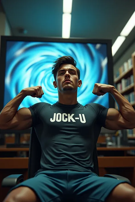 Young male college student Wearing shirt that says JOCK-U as a big dumb hyper muscular sweaty bodybuilder football deportista hermano in skin-tight Engranaje de compresión flexing and staring whitely forward at the camera with open mouth under hypnosis. A ...