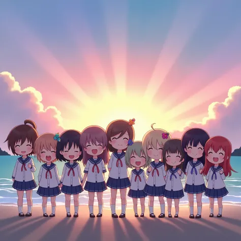 ((ExtremelyDetailed (12 PUNIPUNI KAWAII Girls in a row:1.37) in WHITE at Dusk Enoshima Beach)), (masterpiece 8K TopQuality) (ProfessionalPhoto:1.37), {(Standing Full Body:1.2)|(from below:1.2)}, Different types of hair colors, {School Uniform [with Thongs]...