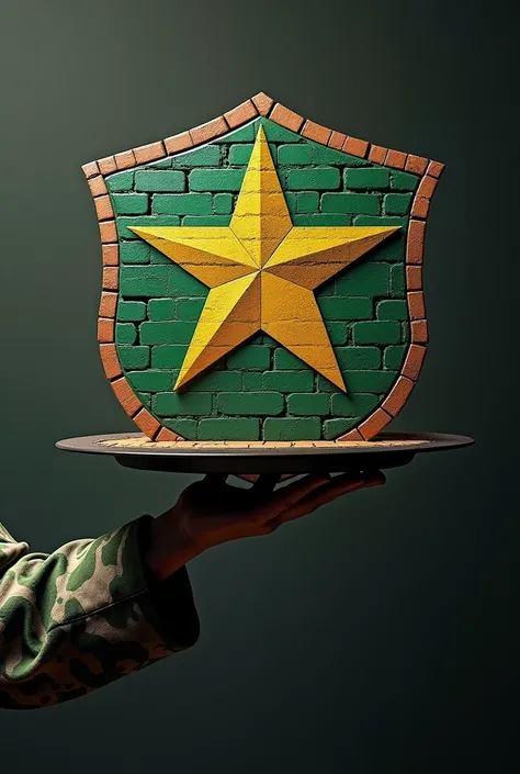 Shield with a hand in Brazilian army camouflage clothing holding an open waiter&#39;s tray with an army star floating on it. Shield made of small bricks