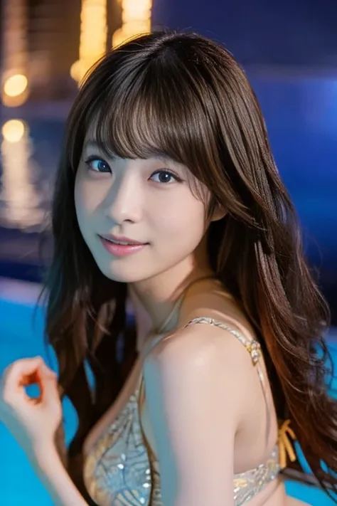 beautiful woman, japanese actress, ((gold bikini)), looking us, and little smiling, walking on night pool, incredibly detailed f...