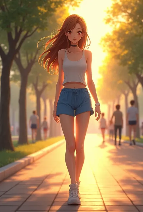 A girl walking on the sidewalk of a park with several medium-sized trees and some people in the background, the angle of being from the front, her skin is light, her hair is brown and her eyes are honey-colored, she is wearing a white top, blue gym shorts,...