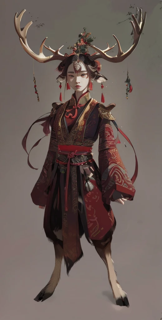 a woman in a red and black outfit with elk antlers on her head, beautiful character painting, by yang j, epic exquisite characte...