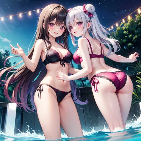 A joyful and vibrant scene at an outdoor night pool in Japan, illuminated by soft, colorful lights that reflect off the shimmering water. Three young girls, around 6 to , are splashing and playing in the shallow end of the pool, their laughter echoing thro...