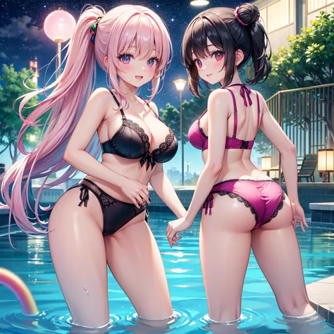 A joyful and vibrant scene at an outdoor night pool in Japan, illuminated by soft, colorful lights that reflect off the shimmering water. Three young girls, around 6 to , are splashing and playing in the shallow end of the pool, their laughter echoing thro...