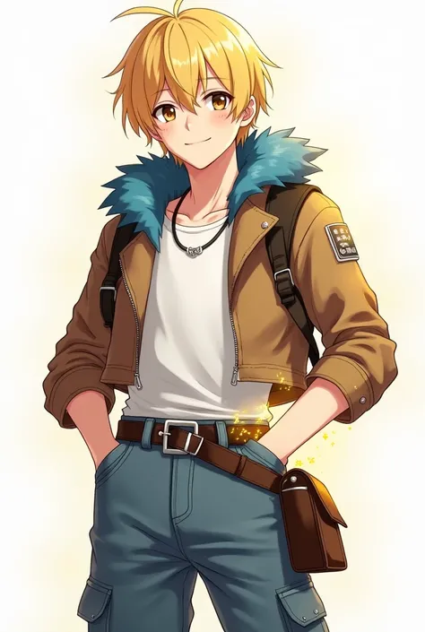 short hair, blond hair, Love, necessary, The best quality, eyes the color of honey, anime, adolescent, man, attractive, straight hair, smile, presumed, simple background, Brown cropped leather jacket with blue polar fur on the hood, black and silver belt, ...