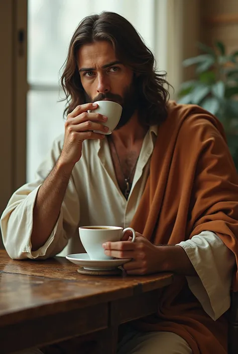 Jesus Christ sitting on a table drinking coffee looking at me 