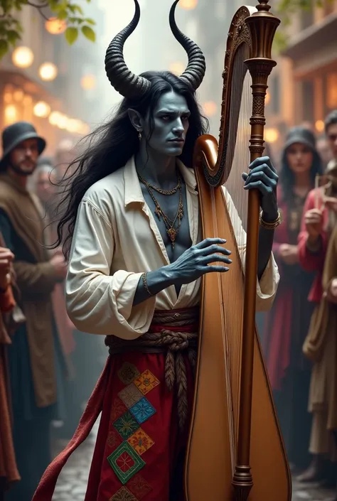 A handsome young tiefling bard with dark gray skin, with two horns, one horn is broken. He is wearing a white shirt with a triangular collar and brightly colored pants with diamonds and patches.. He plays the harp, smiling. He has long black hair and black...