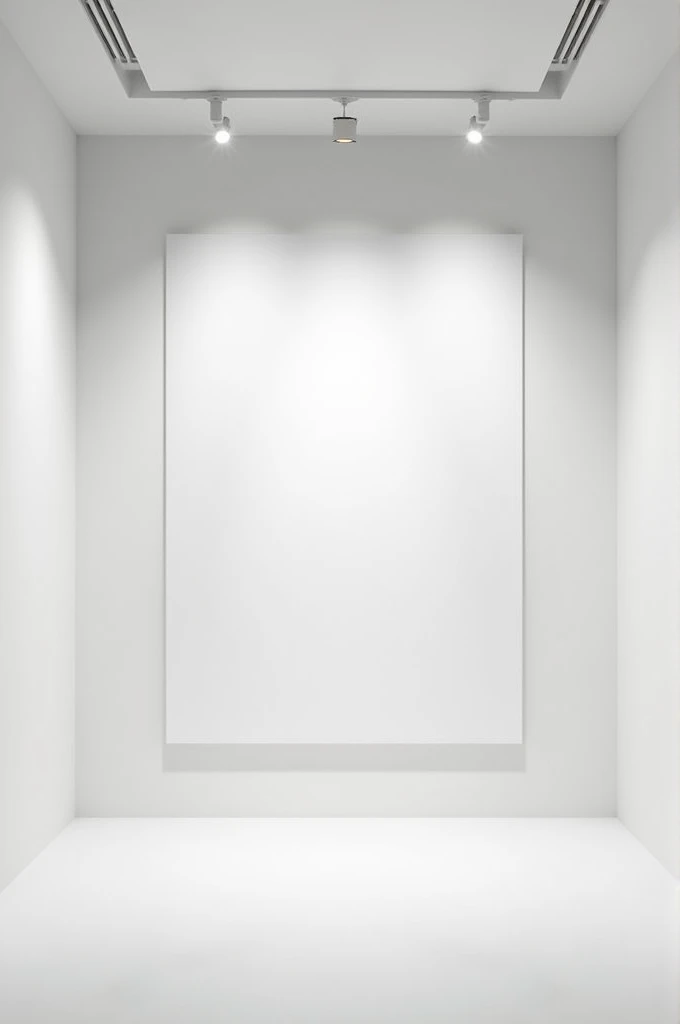 
"Imagine a minimalist white wall in a modern art gallery. The lighting is soft and modern, with recessed LED ceiling lights that cast a soft, even glow. The wall is large enough for the painting to be the main focus, but not so big that it gets lost in sp...