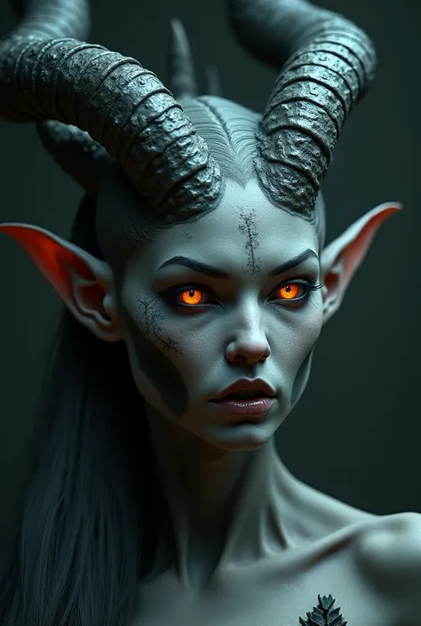 a normal woman with grey skin, orange eyes, pointed ears, a scar on her face, missing one eye, highly detailed face, intricate texture, octane render, cinematic lighting, fantasy, dark and moody atmosphere, dramatic pose, dynamic composition, rich colors, ...