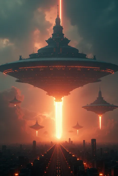 The camera rises again, Revealing the vast fleet of alien ships rapidly approaching Earth, captured in a wide shot. From this elevated perspective, The triumphant entry of the fleet into the Earth&#39;s atmosphere is shown, with the ships glowing with a me...