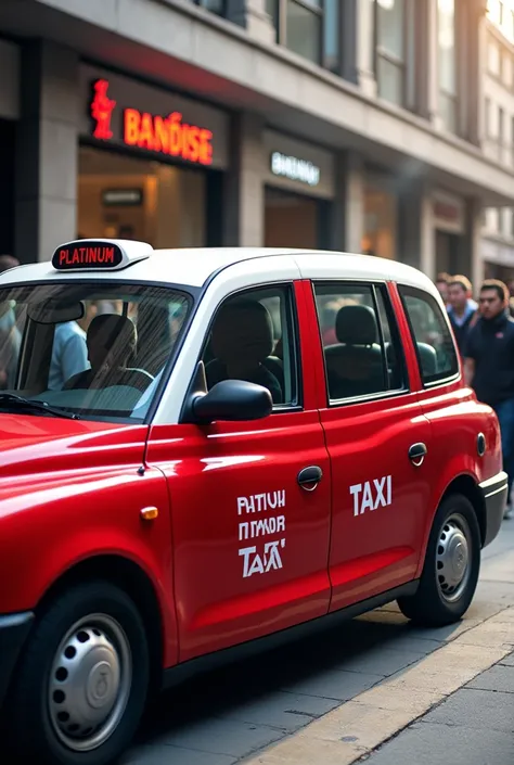 Modern red taxi with white roof on the doors says platinum taxi picking up people outside a shopping plaza in liverpool people queuing waiting for taxi