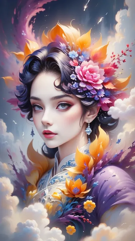 (((White cloud background))), (((high saturation))), ((Surrounded by splashes of color)))) Super detailed, Beautiful and beautiful, masterpiece, best quality, (tangled, mandala, tangled, twist), (Fractal art: 1.3), 1 girl, Very detailed, dynamic angle, cow...