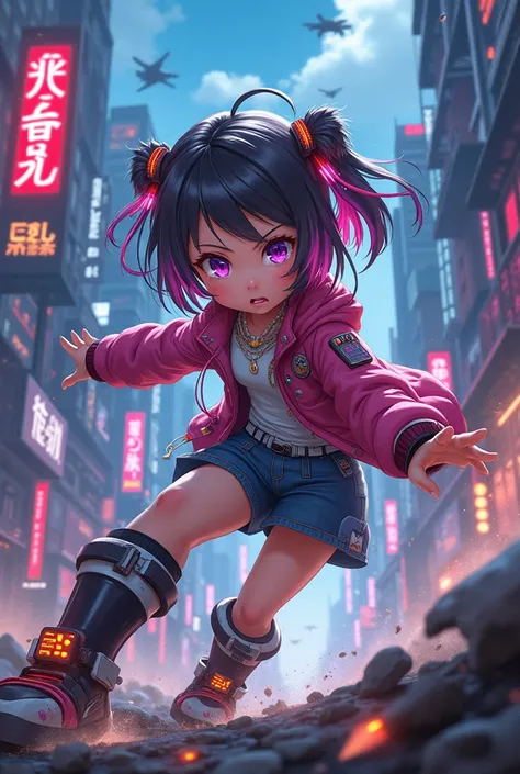 kawaii cyberpunk girl, animé art style, manga, dynamic pose, battle, fighting 