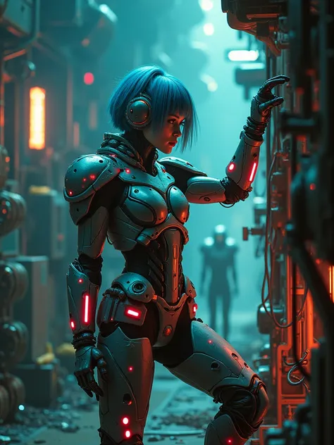 A woman in a robotic mecha suit, with vibrant red and neon green lights, emerges from an underground laboratory full of futuristic technology, her short blue hair and cybernetic helmet adding to her distinctive look. Amid metal structures and electronic ci...