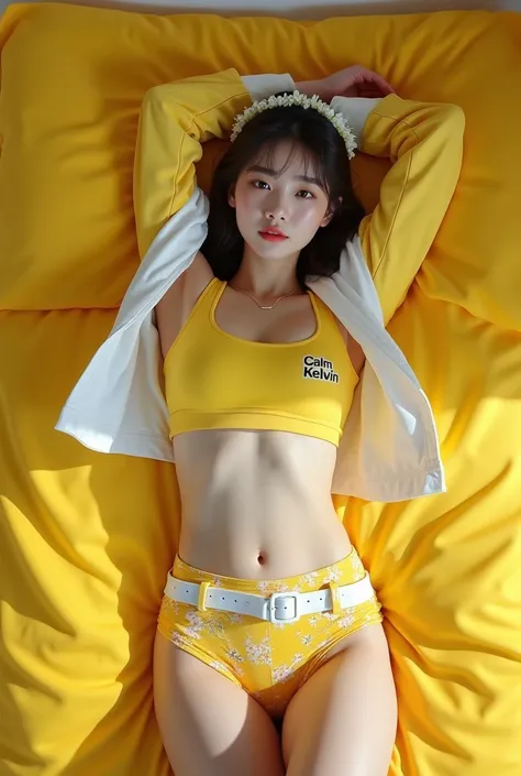 Foto nyata seorang gadis Korea berusia 15 tAhun berkulit putih dan cantik terbaring telentang di atas ranjang kuning , Her entire body faces the camera, kedua lengannya lurus keatas dan kedua kakinya lurus ke bawAh,mengenakan bra olAhraga pendek berwarna k...